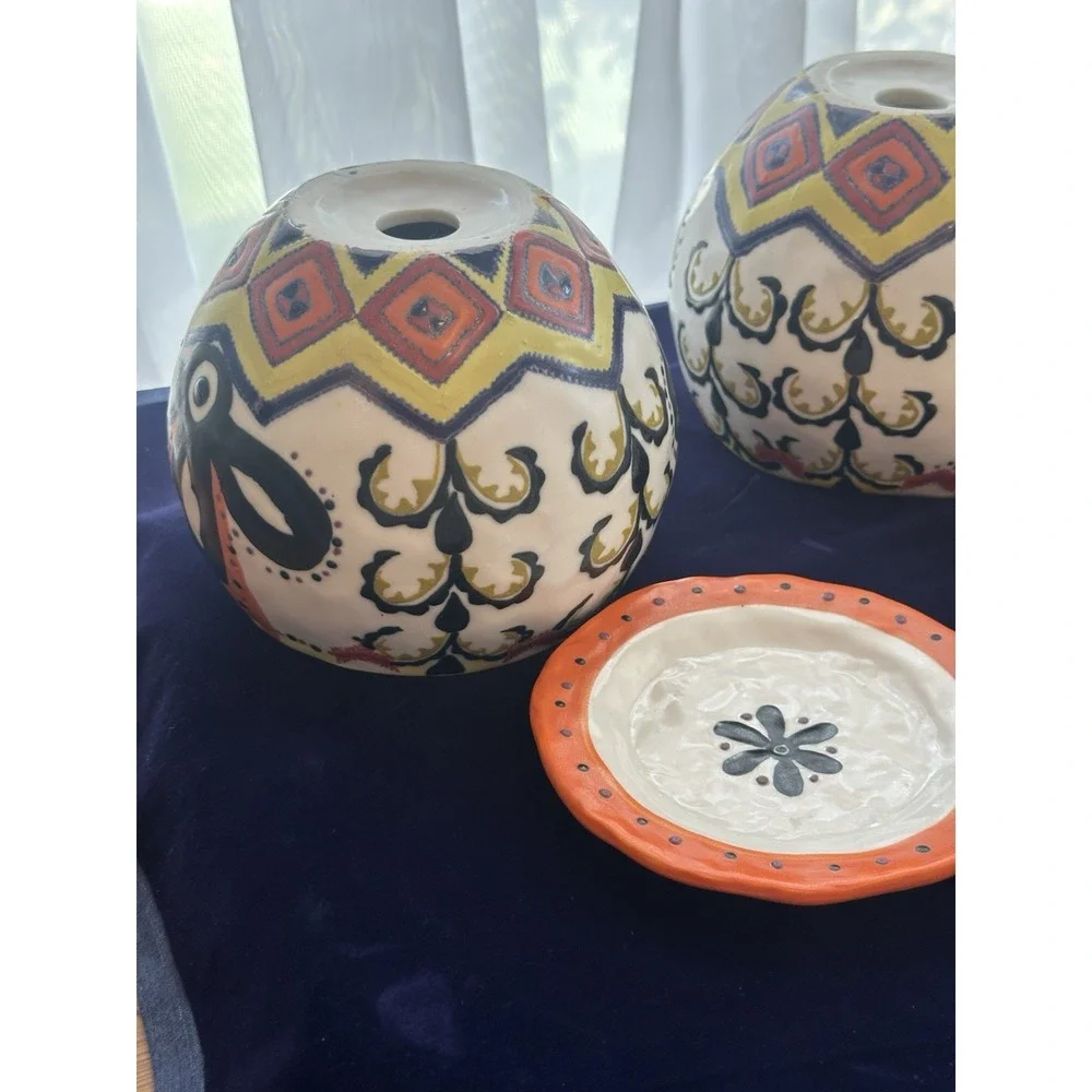 2 Ceramic Round Planters Multicolor Floral Pattern w/ Saucers Drainage Holes